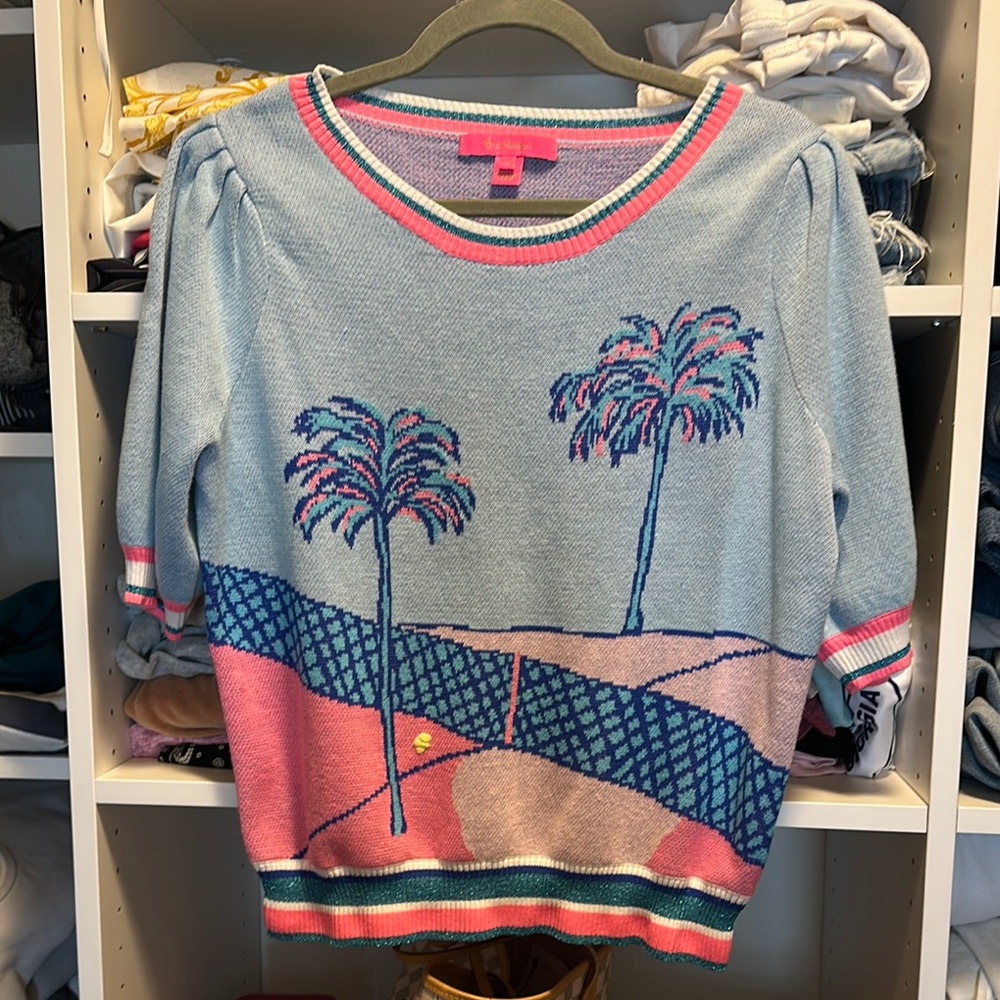 Lilly Pulitzer Vivie Short Sleeve Tennis Graphic Sweater Size Medium Palm Trees